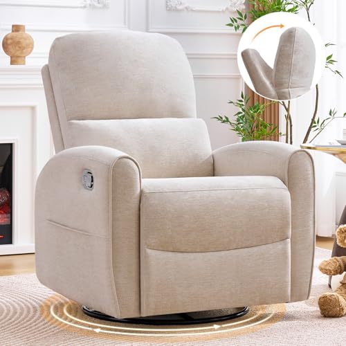 AEMEIOS Swivel Rocker Recliner, Manual Swivel Glider Nursery Recliner Chair with Adjustable Headrest and Lumbar Support, Rocking Recling Chairs for Small Space, Living Room, Bedroom, Chenille Camel