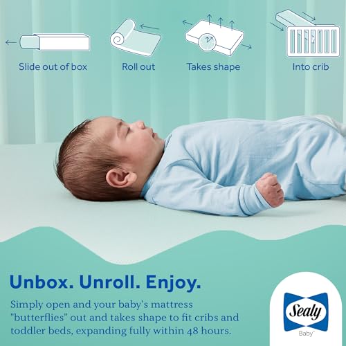 Image of Sealy Baby Butterfly Posture Support Waterproof Crib Mattress Plus Toddler Bed Fit, Premium American Foam, Non Toxic, GREENGUARD Gold Certified, Safety & Quality Tested, Made in USA, 52 inchX28 inch
