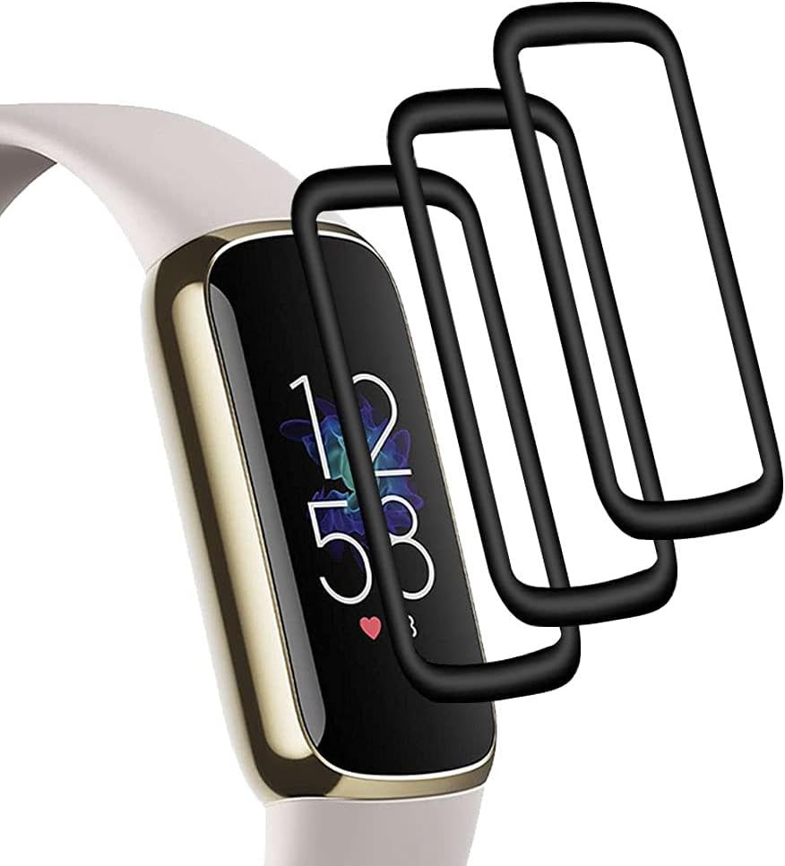 SOONORY Compatible with Fitbit Luxe Screen Protector, 3 Pack Full Screen Coverage Case Curved Edge Bumper Cover Saver with Anti-Scratch and HD Screen Protector for Luxe Fitness and Wellness Tracker