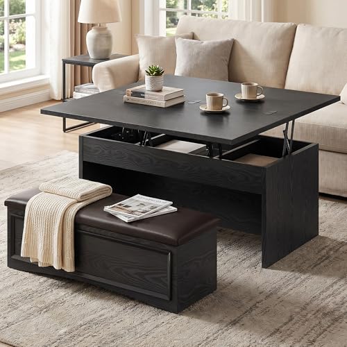 Homiflex Lift Top Coffee Table Set with Storage Bench, 40Inch, Black