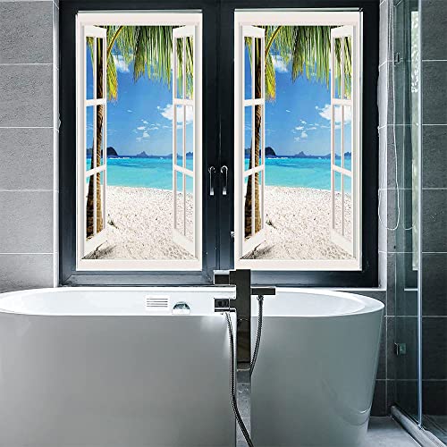 Turquoise Decorative Window Film, Tropical Palm Trees On Island Ocean Beach Through White Wooden Windows, Glue Free Static Privacy Pvc Window Film, W23.6 X L35.4 Inch White Blue #TOP4