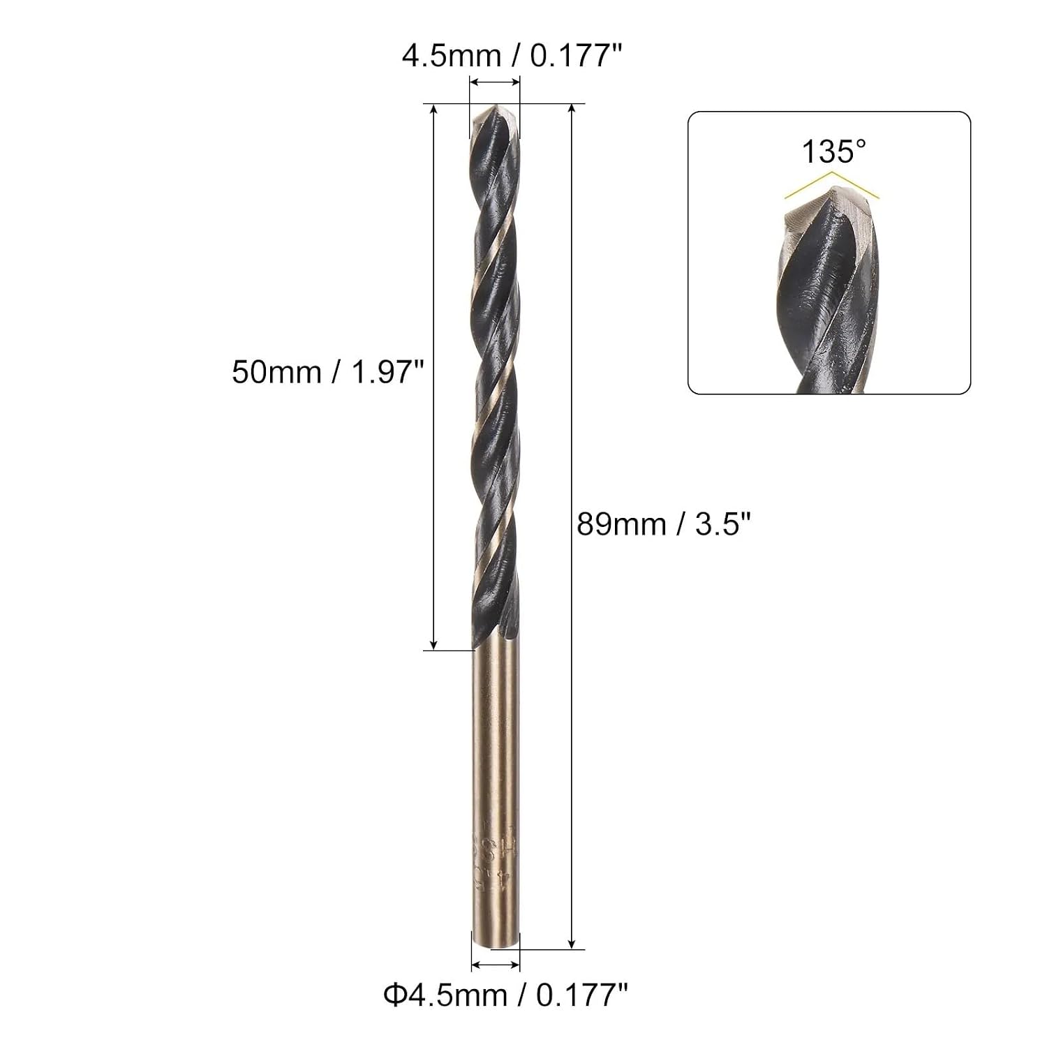 6pcs 3/3.2/3.5/4/4.5/5/5.5/6/6.5mm Titanium M2 High Speed Steel Twist Jobber Drill Bit(4.5mm)