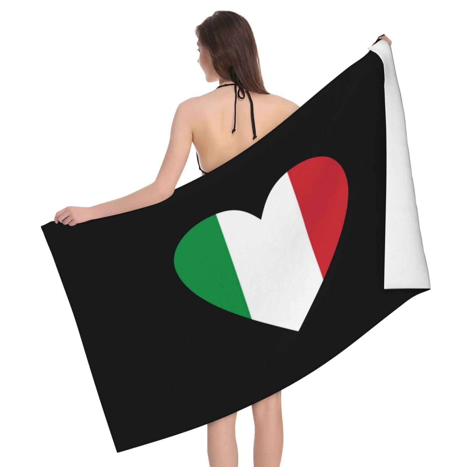 Lsjuee Flag of Italy Heart Microfiber Beach Towel Absorb Water Quick Dry Bath Towel, for Beach, Swimming Pool, Camping