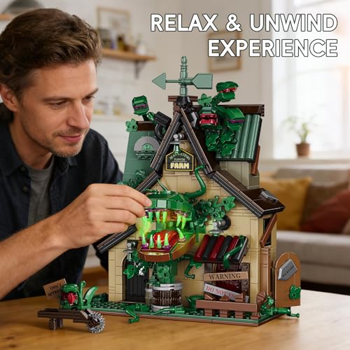 Image of Halloween Haunted House Building Set Man-Eating Flower Farm Architecture Model Kit for Adults Spooky Cottage with Giant Carnivorous Plants Warning Signs Gothic Horror Home Decor Gift 958 PCS