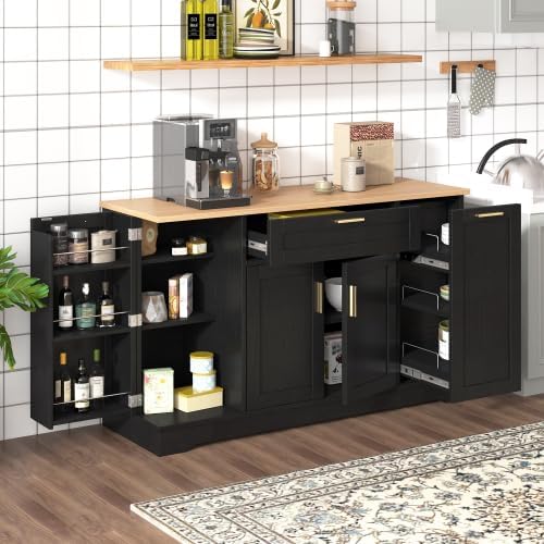 Bellemave Sideboard Buffet Cabinet with Drawer & Adjustable Shelves, Modern Kitchen Pantry with 3-Tier Pull-Out Rack, Coffee Bar Cabinet with Storage for Dining Room, Living Room, Kitchen (Black/54)