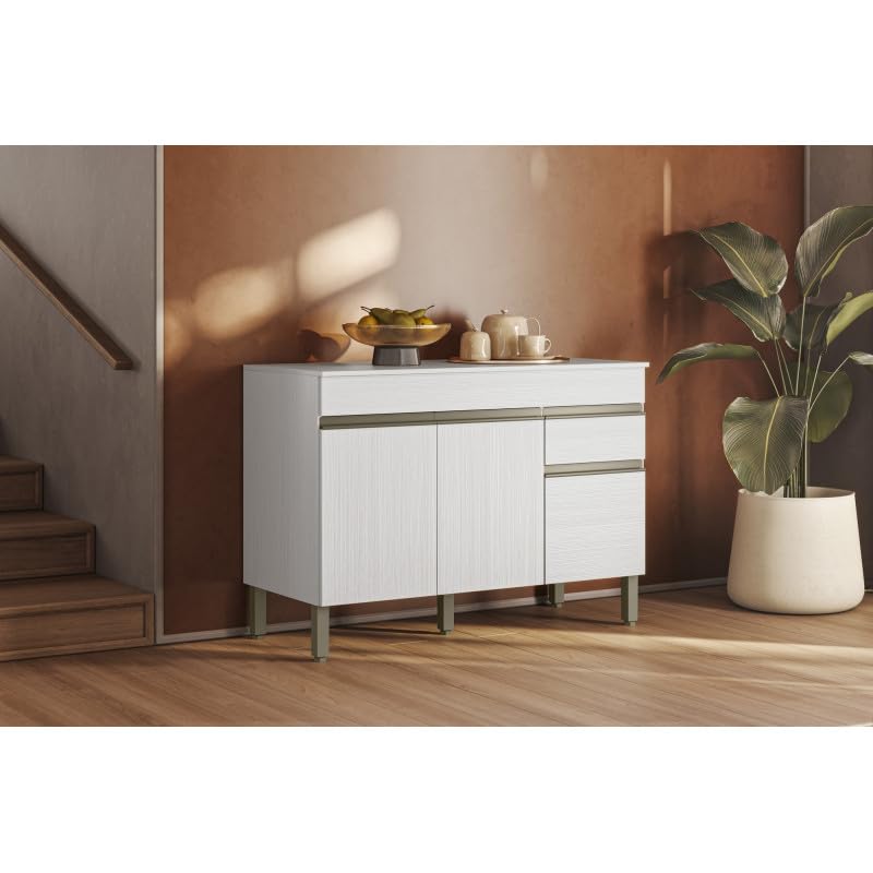 ACTUAL DIFFUSION Buffet Bas 3 Portes 1 Tiroir Blanc 5 Niches L 120 H 86 P 53.3 cm Modèle Line pour Cuisine et Séjour