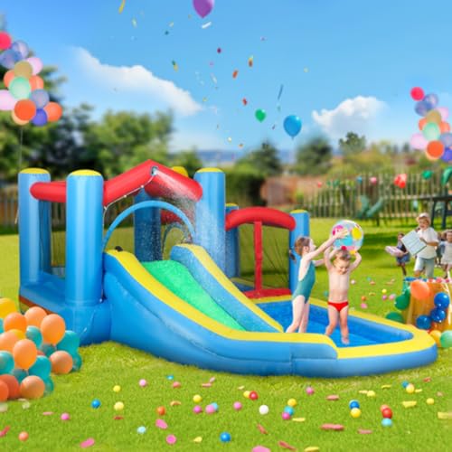 AIYAPLAY Bouncy Castle, Inflatable Bounce House with 550W Blower, Basketball Hoop, Long Slide, Dart Board, Carrying Bag, for Party, Park, Ages 3-8, 385 x 290 x 180 cm - Image 3