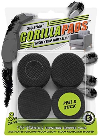 Slipstick GorillaPads CB149 Non-Slip Furniture Pads/Rubber Grippers (Set of 8) Self-Adhesive Furniture Feet Floor Protectors, 1-1/2 inch Round, Black