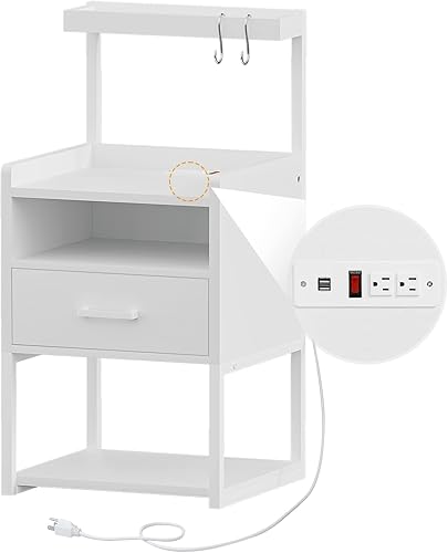 Miniatura 8 de AOGLLATI Juego de 2 mesitas de noche con estación de carga, juego de 2 mesitas de noche blancas para dormitorio, mesita de noche con cajón de