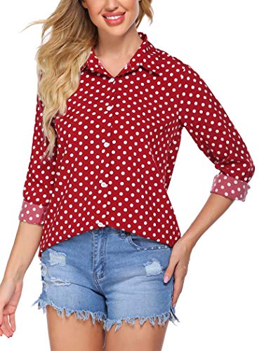 Zeagoo Polka Dots Blouse for Women Slim Fit Dress Shirt Business Casual Long Sleeve Shirts V Neck Chiffon Tops, Red, Large