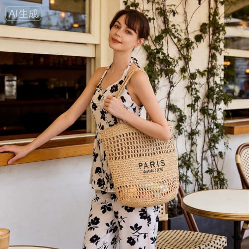 Image of Pleneal Beach Bags for Women - Women Beach Tote Bag, Summer Mesh Hollow Straw Tote Bag for Holiday Market