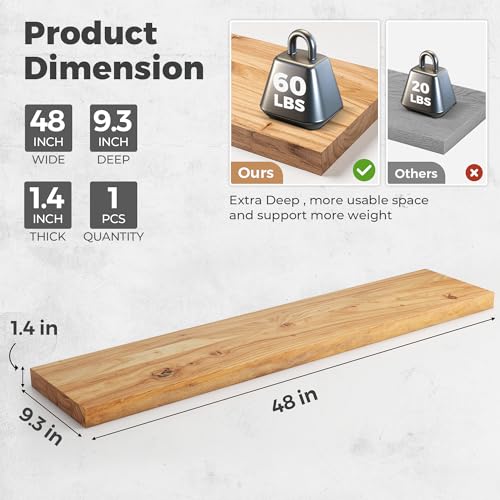 Image of RICHFOCUS Elm Floating Shelves for Wall - 48 inch W x 9.3 inch D Rustic Solid Wood Shelves with Invisible Bracket, Wall-Mounted for Living Room, Bedroom, Kitchen Storage & Display, Set of 1, Natural
