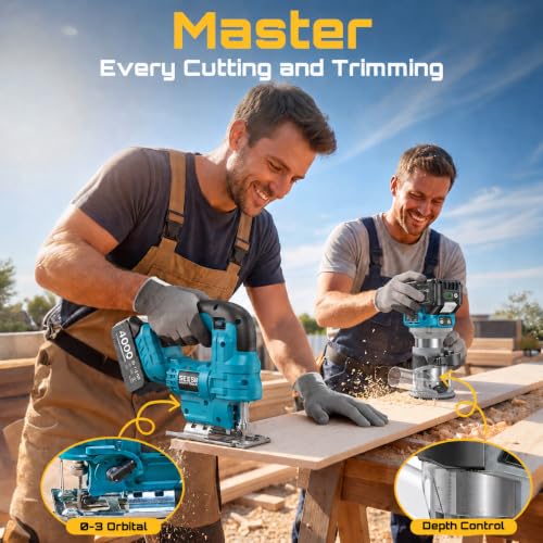 Image of SEESII Cordless Jigsaw and Wood Router Tool for Combo Kit | with Batteries and Charger, Brushless, Aluminum Palm Router, 0-45 Bevel Jig Saw, Adjustable Speed for Cutting & Trimming