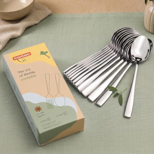 Image of Montavo by FnS 12 Pieces Stainless Steel Dinner Spoon Set | Mirror Polish Spoons | Rust Resistant, Dishwasher Safe, Heavy 16cm Table Spoons Set of 12 for Home, Kitchen, Restaurant & Daily Use