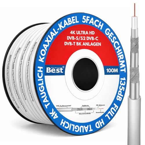 Germany B.e.s.t Cavo coassiale 100 m SAT | 4K Ultra HD | Classe A+ | Impianti DVB-S/S2 DVB-C DVB-T BK | 5 schermati | 135dB