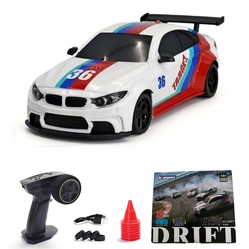 Coche RC Drift 1:36 con tracción a las cuatro ruedas, control proporcional y luz | Mini drifter de 25 km/h con chasis de carbono, neumáticos intercambiables e iluminación funcional (3611A)