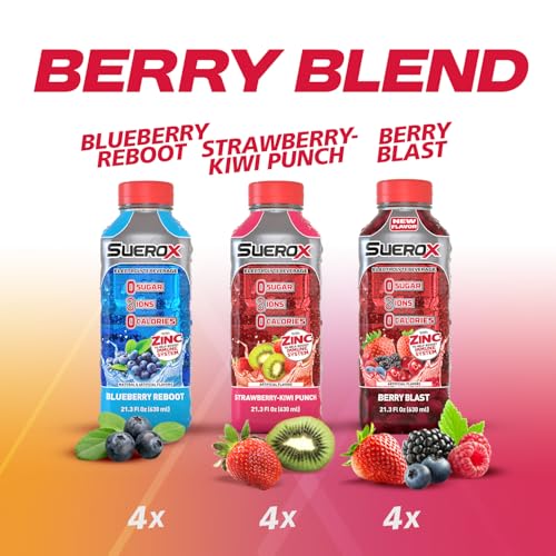 Image of SueroX Sugar Free Electrolyte Drink, Berry Blend Pack, 21.3 Fl Oz, 12 Count | Sports Drink with 8 Ions, Zero Sugar, Zero Calories, Hydration & Recovery