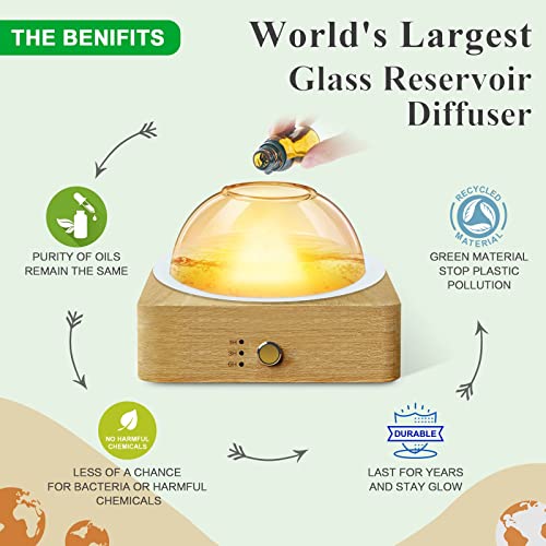 Glass Essential Oil Diffuser, 200Ml Ultrasonic Aromatherapy Diffusers With Glass Reservoir Wood Base Auto-Off Cool Mist Timer, Dusk Flame Warm Light Plastic Free Dome Air Diffuser For Home Office Gift #TOP1