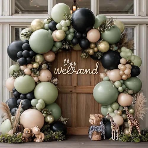 Sage Green Black Balloon Arch Kit, Double Stuffed Dusty Olive Green Sand White Cream Beige Gold Balloon Garland for Birthday New Year Camo Woodland Wedding Boho Party Decoration