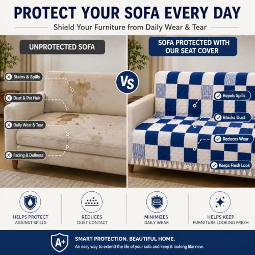 Image of Velvet Quilted Sofa Armrest Covers (Pack of 2) | Blue Check | Anti-Slip Soft Washable Arm Covers with Tassels | 24 x 27 Inches