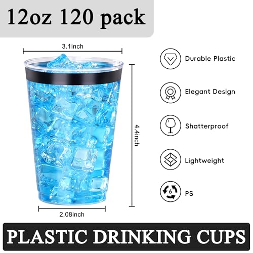 Image of 120 Pcs Black Plastic Cups,12oz Black Rimmed Plastic Cups,Heavy Duty Disposable Plastiic Wine Glasses Cocktail Glasses Premium Cup with Black Rim for Party,Wedding,Christmas