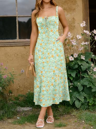 Image of YATHON Women's Summer Midi Corset Boho Dresses Spring Casual Floral Spaghetti Straps Lace Up Dress Flowy Aline Beach Sundress