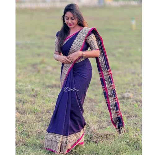 Image of Narayanpet Pure Cotton Avani Border Saree for Women with Running Blouse | Tassels | Traditional Woven Solid Design | Handloom Weave