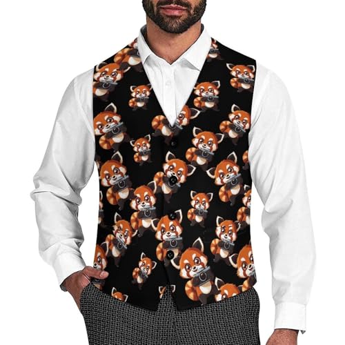 Cute Redpanda Camera Suit Vest for Men Slim Fit Tuxedo Waistcoat Button Down V Neck Business Dress Coat
