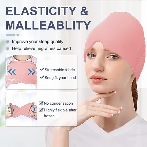 Image of EXQUISLIFE Migraine Headache Relief Cap, Gel Ice Head Wrap, Hot and Cold Therapy, Headache Eyes Mask for Sinus, Puffy Eyes, Tension and Stress Relief (Pink)