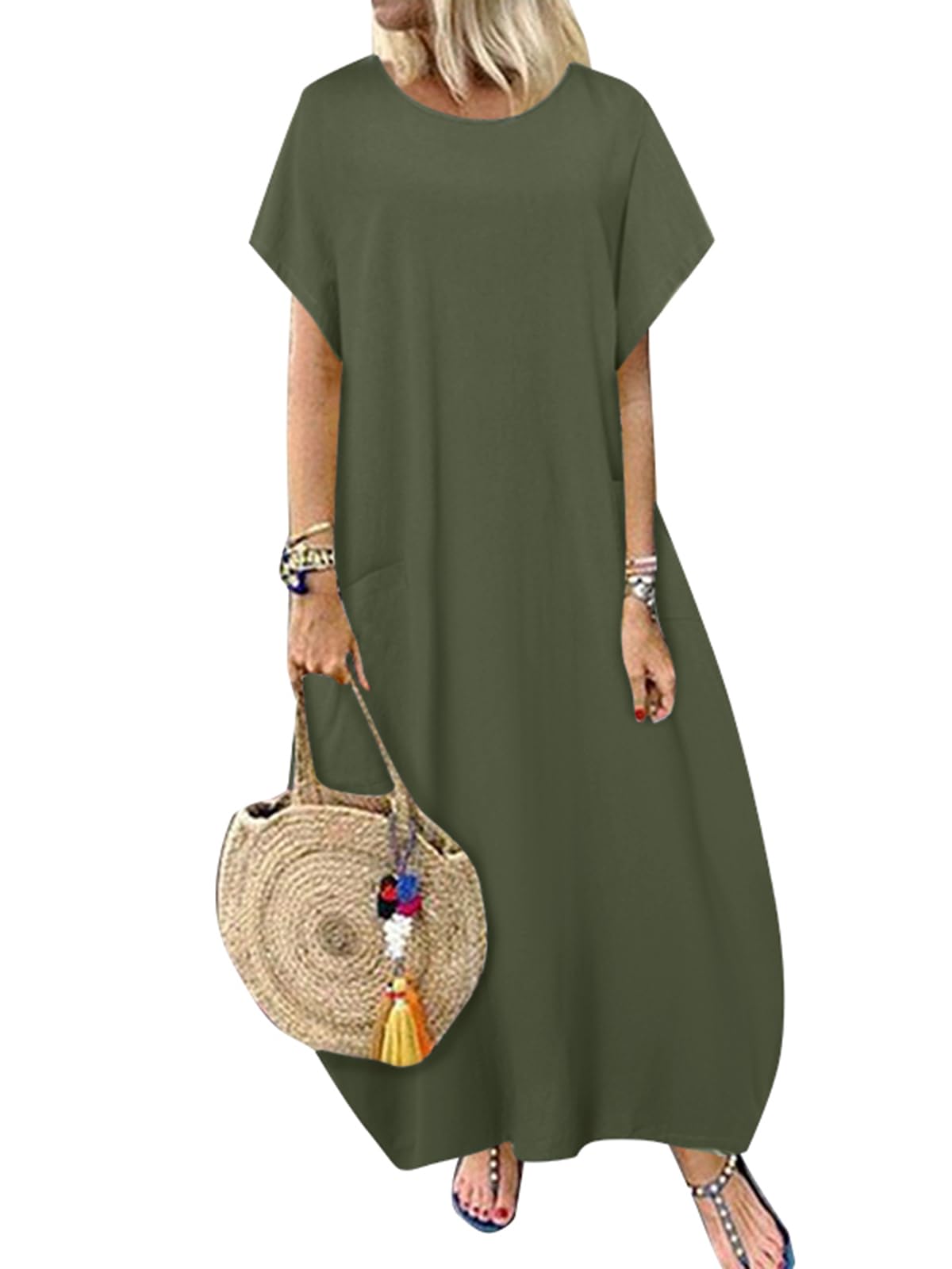 ZANZEA Robe d'été en coton et lin pour femme - Grande taille - Manches courtes - Robe d'été ample décontractée avec poches