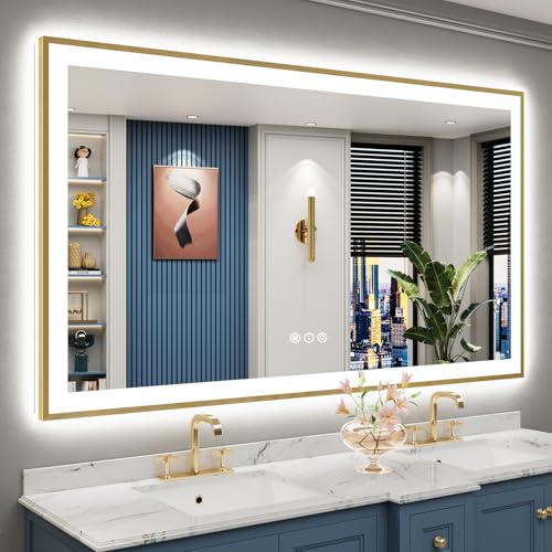 Image of 68x38 Gold LED Bathroom Mirror with Lights, Backlit & Front Lit | Brushed Gold Framed, Anti-Fog Lighted Vanity Mirror, Dimmable, 3-Color Temp, Memory, CRI95, HD Tempered Glass, UL Listed