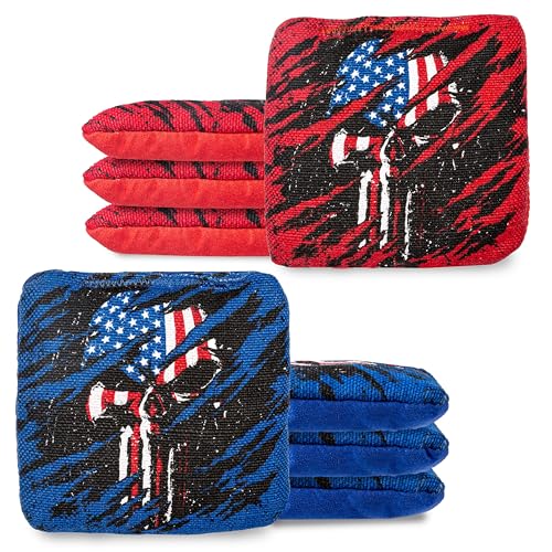 Play Platoon Tournament Series Cornhole Bags - Pro Style Dual Sided Slick and Sticky Side Bags - Set of 8 - Designed in USA - 4 Red & 4 Blue American Flag Skulls