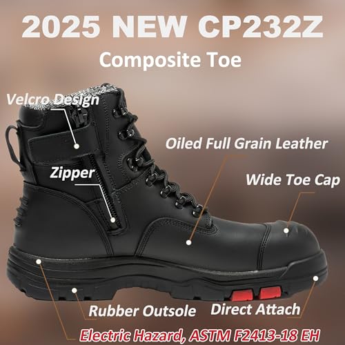 Roslyn Composite Toe Side Zip Work Boots for Men, 7'' Lightweight Comp Toe Cap YKK Zipper Non-slip Rubber ASTM F2413-18 EH Safety Boot, Comfortable Wide Ankle Support Boots (CP232Z-245Z)2