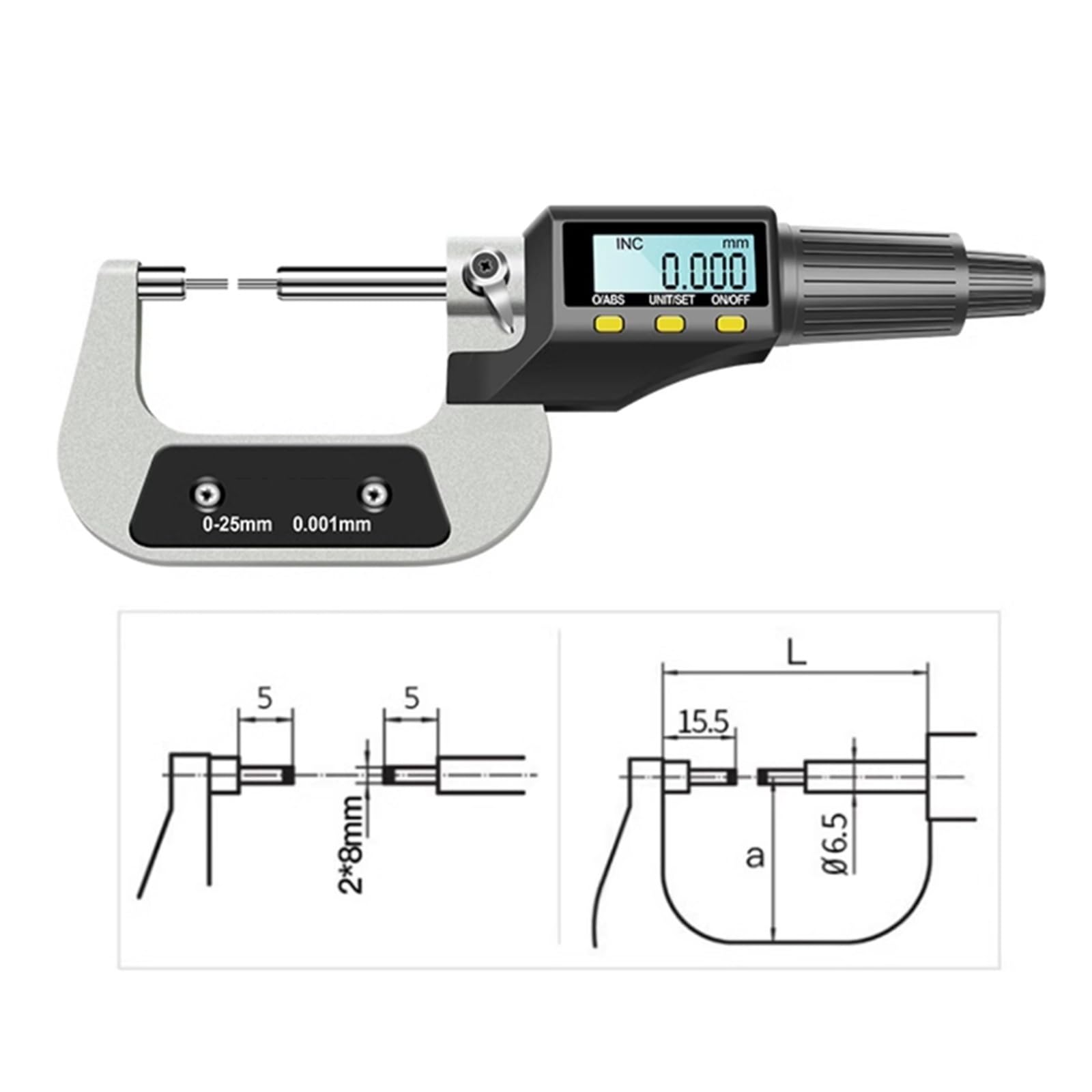 0-25mm Small Head Thin Rod Digital Display Outer Diameter Micrometer Spline Shaft Slot Measuring Tools 0.001MM(Digital 25x2mm)