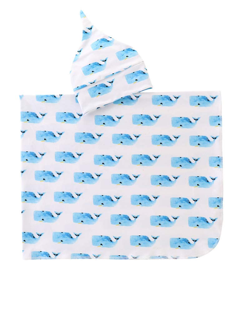 BigbuyuUnisex Baby Cotton Receiving Blankets with Headband/Hat Set, One Size Soft Newborn Girl Swaddle Blankets (Whale)