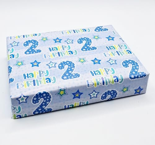 2 Sheets 2nd Birthday Boy Wrapping Paper Age 2 Cute Birthday Giftwrap Male Blue (PA)