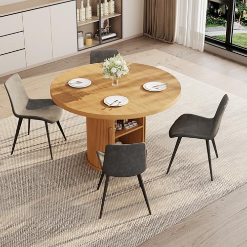 Image of HIPIHOM 5-Piece Dining Set for Small Spaces 43.3 inch Round Table & 4 PU Leather Chairs, Modern Farmhouse with Storage Shelf, Apartment Kitchen Easy Assembly (Natural Color Round Table + 4 Gray Chairs)