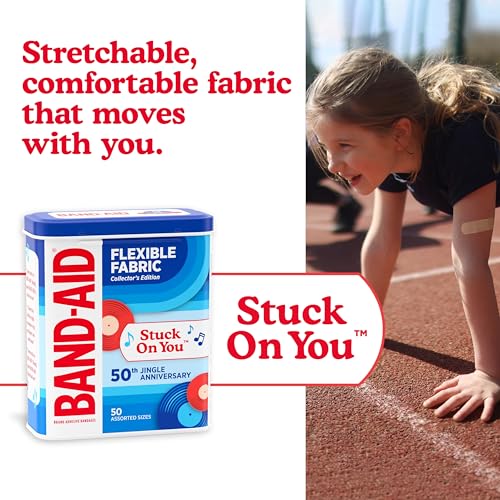BAND-AID Brand Adhesive Bandages Flexible Fabric, Comfortable Sterile Protection & Wound Care for Minor Cuts & Burns, Jingle Anniversary Tin, Assorted Sizes, 50ct - 6