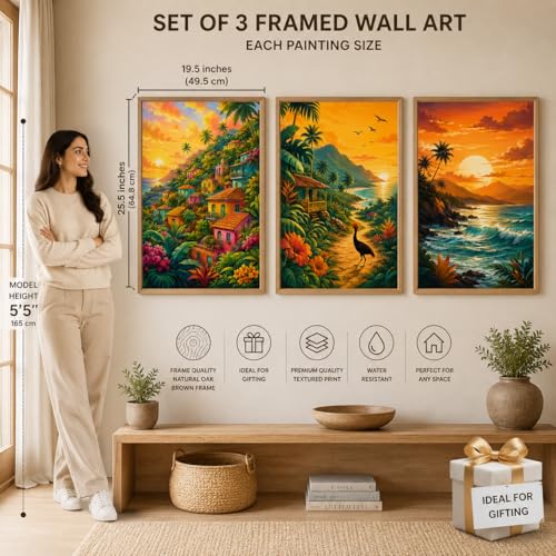 Image of Livin'luxe Set of 3 Tropical Sunset Landscape Wall Paintings for Living Room Dining Bedroom Home Decor with Premium Wooden Color Synthetic Frame (25.5 x 19.5 Inch) NM03-75