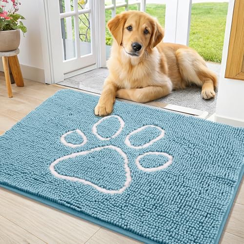 Image of Smiry Dog Door Mat for Muddy Paws, Absorbent Dirt Trapper Non Slip Quick Dry Washable Chenille Mat for Mud Dogs, Entry Rug for Indoor and Outdoor (36x24 Inches, Sky Blue and White)