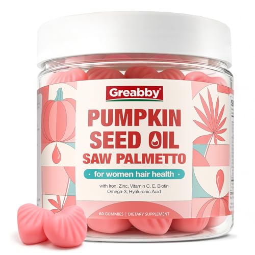 GREABBY Pumpkin Seed Oil with Saw Palmetto for Women Gummies Hair Growth DHT Blocker Supplement Cold-Pressed Pumpkin Seed Oil with Iron Zinc Omega 3 Hyaluronic Acid Sugar Free 60 ct