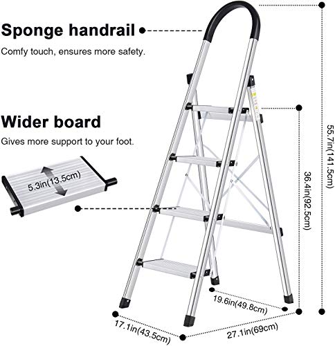 xaestival Lionladder 4 Step Stool Aluminum Ladder Portable Folding Anti-Slip with Rubber Hand Grip 330lbs Capacity,Silver Household Stepladders