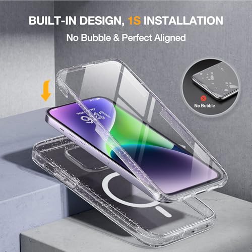 Image of Miracase Glass Series Designed for iPhone 14 Plus Case 6.7 inch, 2023 Upgrade Full-Body Magnetic Clear Case with Built-in 9H Tempered Glass Screen Protector,Compatible with MagSafe,Clear Glitter