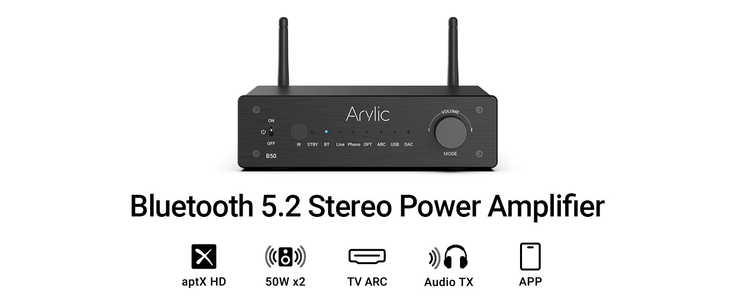 Arylic B50 versterker met Bluetooth, stereo versterker, 2 kanaals 50 W * 2 Home Audio AMP, met HDMI, ARC, Opt, DAC, phono-ingang. Ondersteunt aptX high-definition muziekoverdracht en -ontvangst