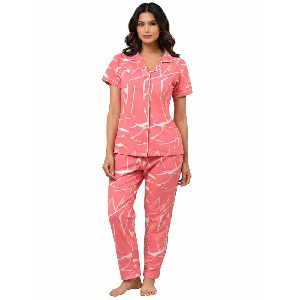 Women’s Cotton Night Suit Set | Collared Printed Shirt with Pyjama Pant Co-ord | Soft Breathable Relaxed Fit Sleepwear & Loungewear for Ladies – NSFP1009-image-43