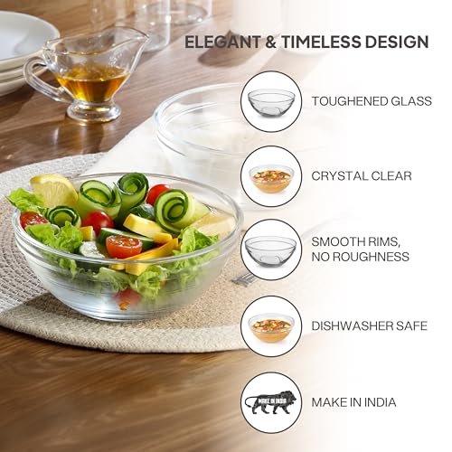 Image of CELLO Zenith Set of 2 Pcs Round Serving Glass Bowl for Kitchen 500 ml, Transparent | Microwave Oven & Dishwasher Safe, Freezer & Fridge Safe, Leadfree Toughened Crystal Glass Bowl for Serving Mixing