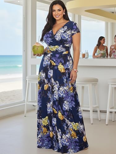 Image of KOH KOH Womens Long Floral Print Cap Sleeve Modest Flowy Summer Maxi Dress Gown