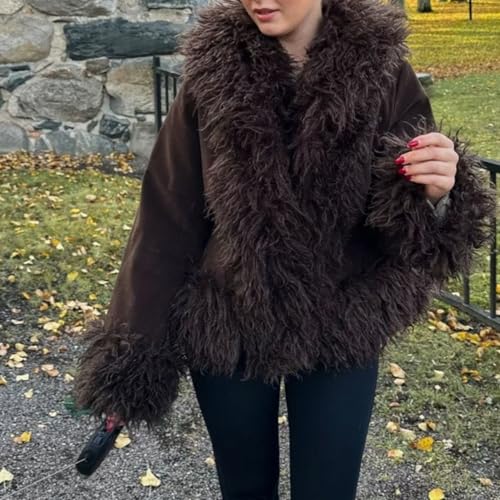 Brown Jacket Notch Collar Faux Fur Patchwork Button Down Oversized Long Sleeve Streetwear Casual Jacket3