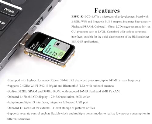 ESP32-S3 Płyta mikrokontrolera z wyświetlaczem LCD 1,44 cala 172 × 320 262 K RGB, dwurdzeniowy procesor do 240 MHz, obsługa W--iF-i i BLE, z kolorową diodą LED RGB, wbudowane wiele interfejsów