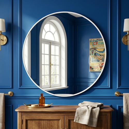 Image of HARRITPURE Round Mirror 24 inch White Wall Mounted Circle Mirrors Vanity Mirror with Brushed Aluminum Alloy Frame Modern Decoration for Bathroom, Living Room, Vanity, Bedroom, Entryway